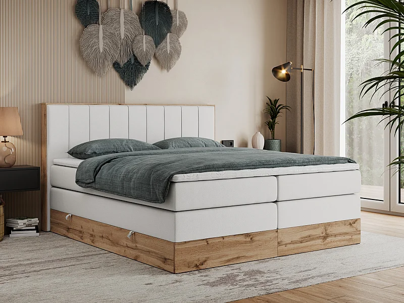 Boxspringbett BELLISSIMO KING - für Schlafzimmer, zwei Multipocket-Matratzen, Set mit Kopfteil und Topper, Holzrahmen - 180x200 cm - H3 - Weiß Kunstleder