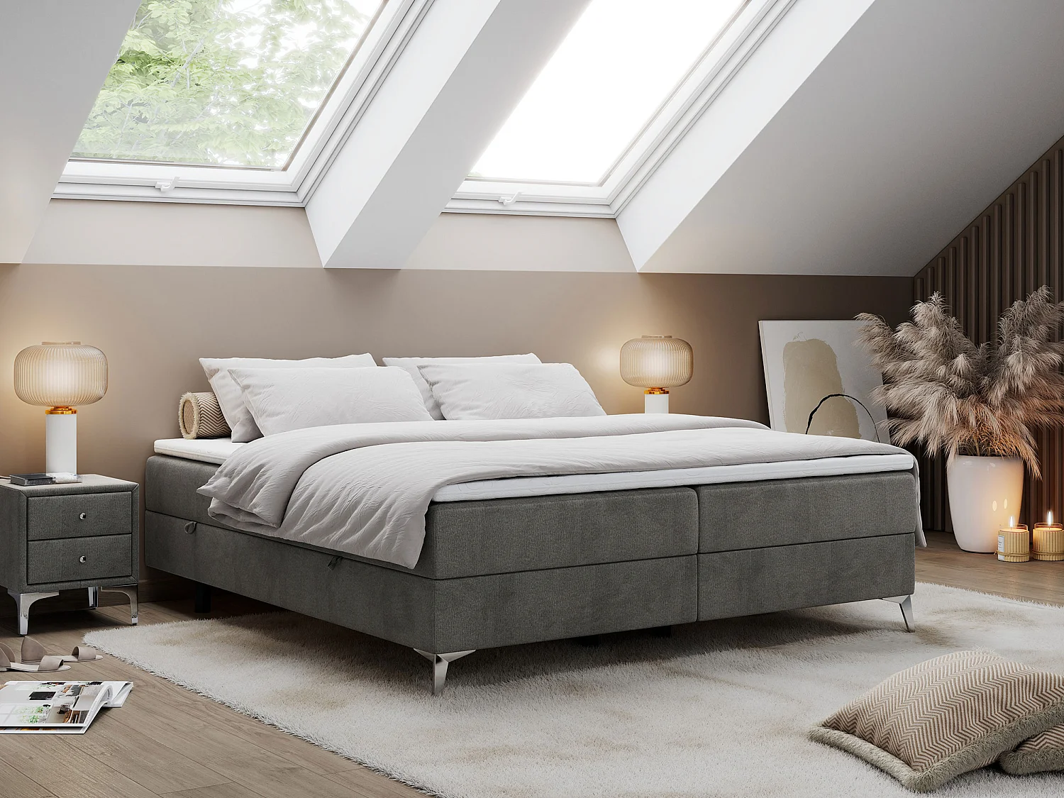 Boxspringbett LESS - Doppelbett mit zwei Bettkästen, 7 Härtezonen Multipocket-Matratzen, hohe Metallbeine - 200x200 cm - H4 - Dunkelgrau Velvet