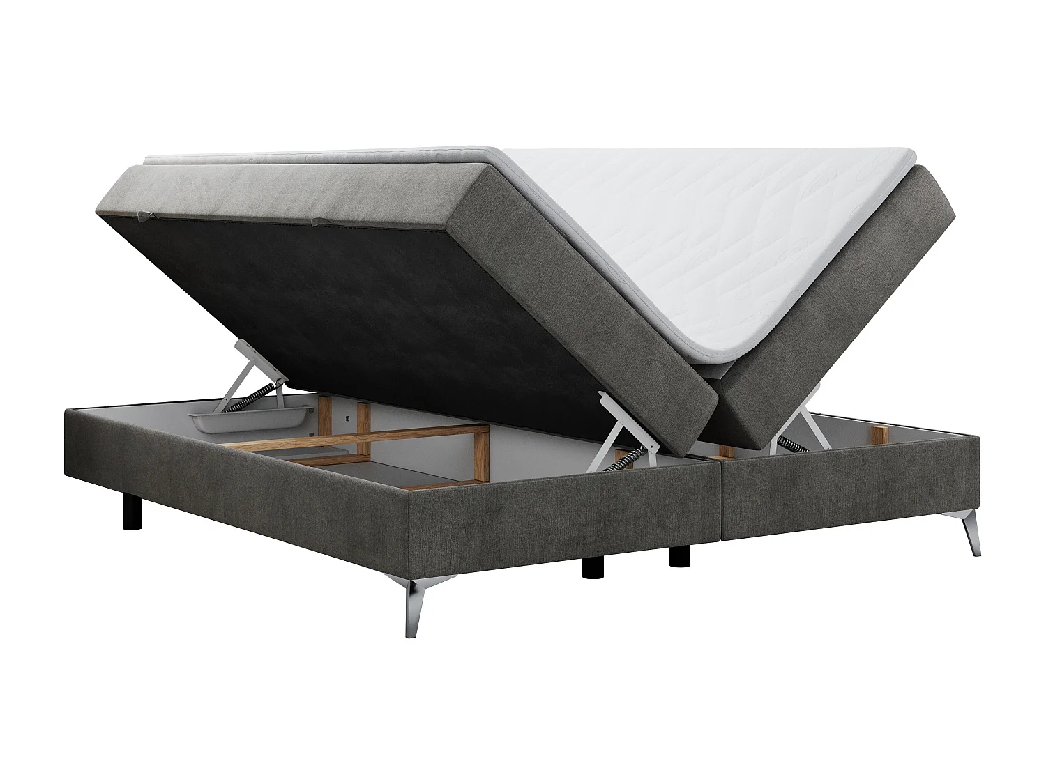Boxspringbett LESS - Doppelbett mit zwei Bettkästen, 7 Härtezonen Multipocket-Matratzen, hohe Metallbeine - 200x200 cm - H4 - Dunkelgrau Velvet