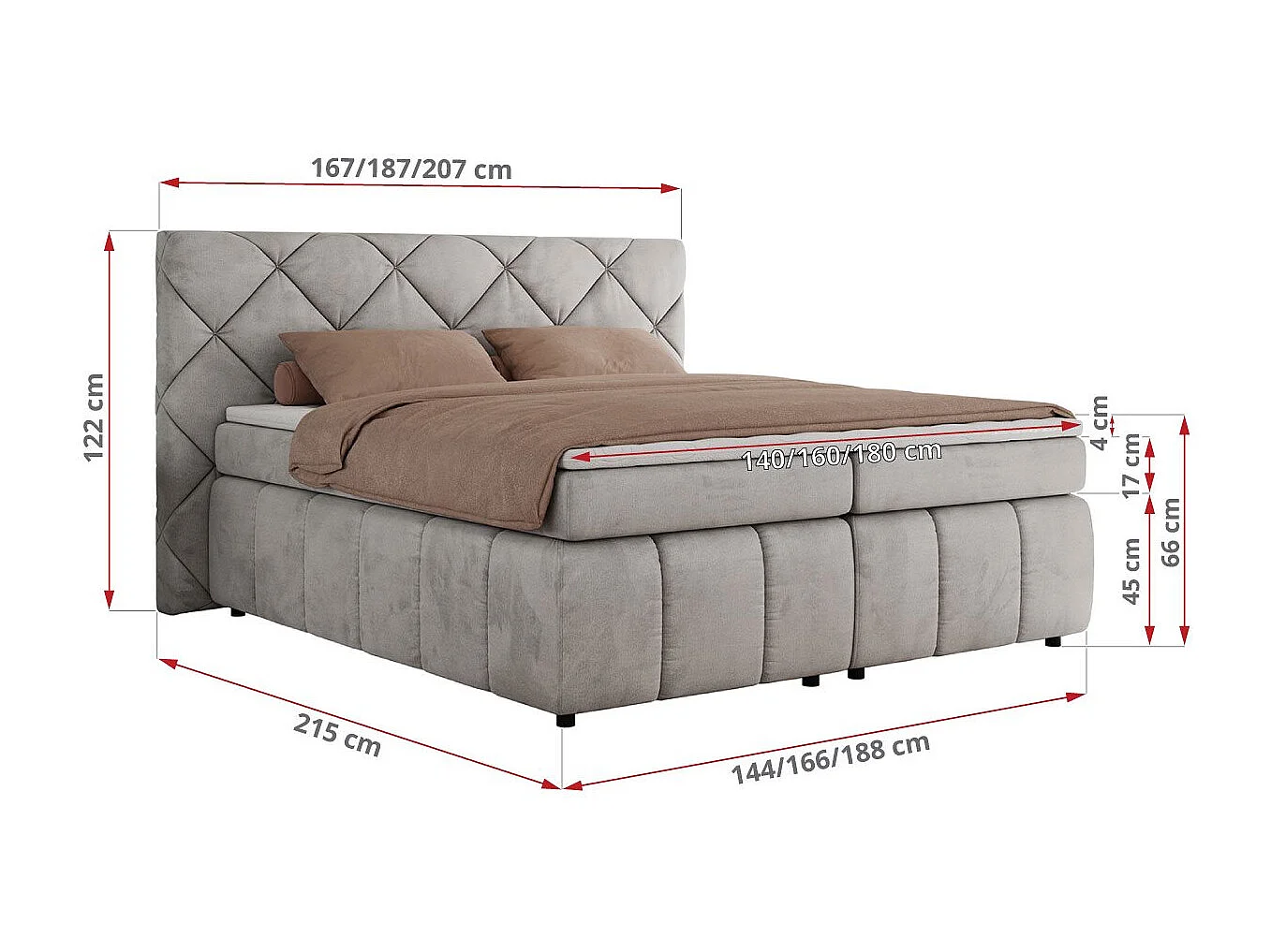 Boxspringbett RITA - Set mit Kopfteil, Multipocket-Matratze und Topper, Doppelbett für Schlafzimmer - 180x200 cm - H3 - Hellgrau Velvet