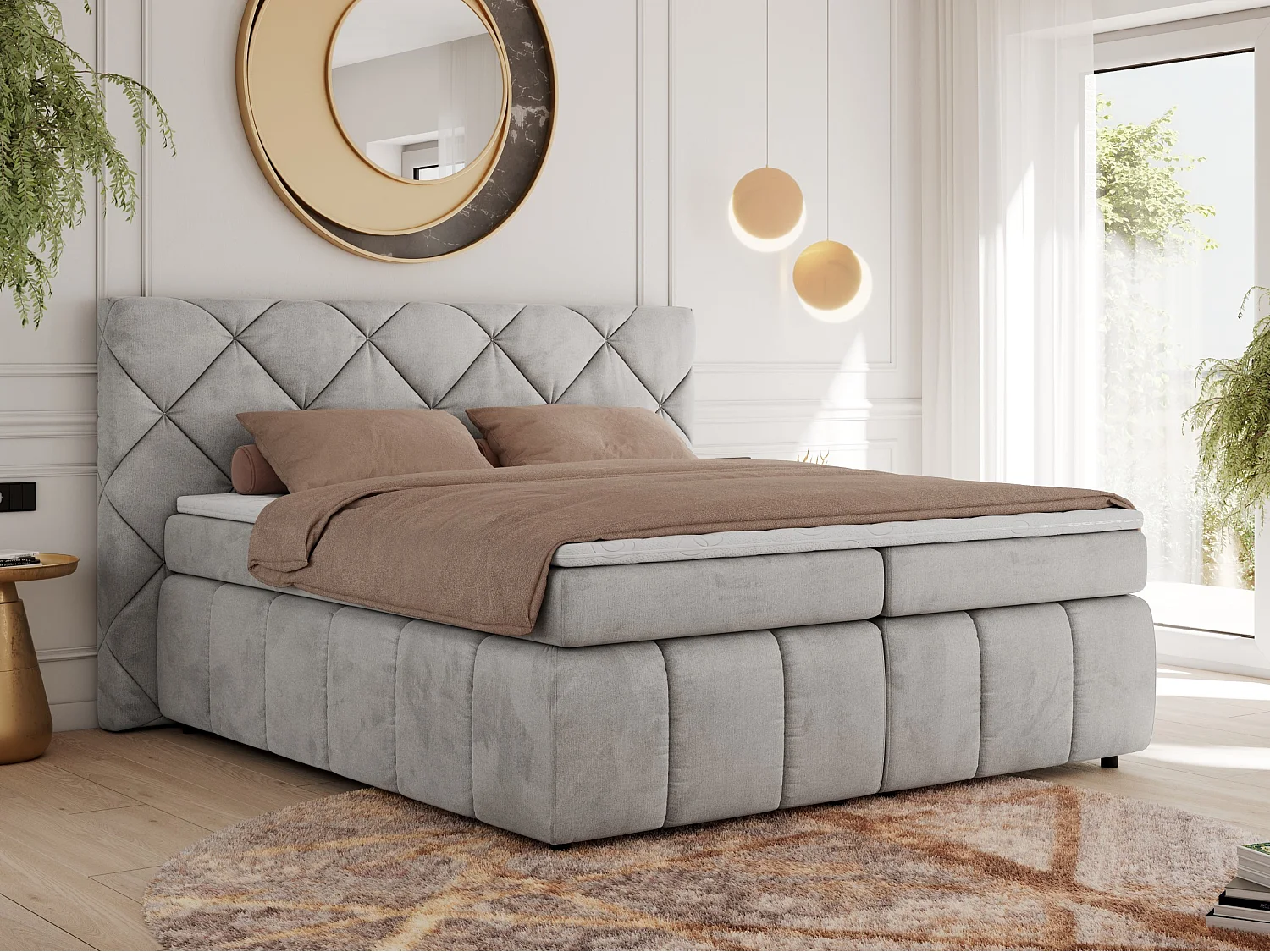 Boxspringbett RITA - Set mit Kopfteil, Multipocket-Matratze und Topper, Doppelbett für Schlafzimmer - 180x200 cm - H3 - Hellgrau Velvet