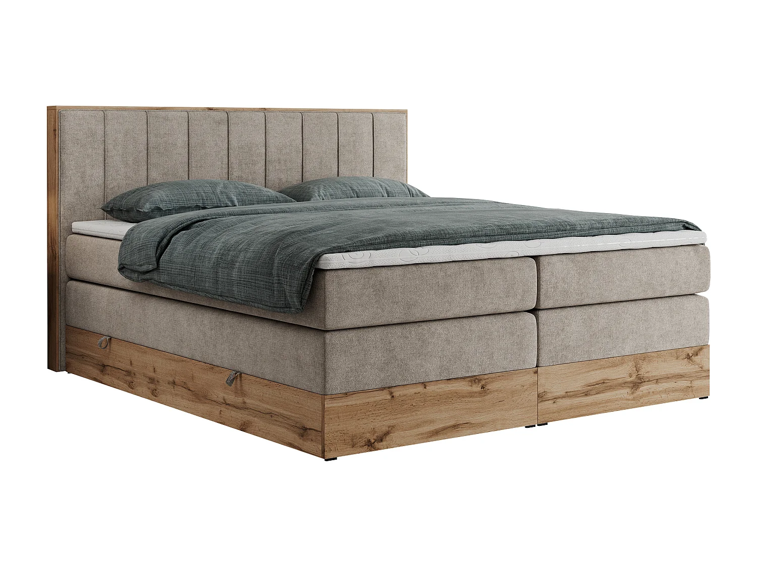 Boxspringbett BELLISSIMO KING - für Schlafzimmer, zwei Multipocket-Matratzen, Set mit Kopfteil und Topper, Holzrahmen - 160x200 cm - H4 - Beige Strukture