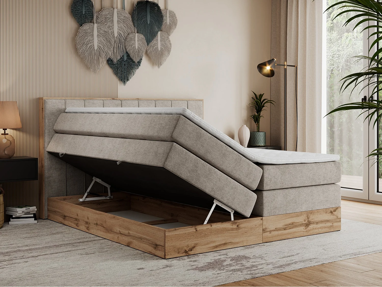 Boxspringbett BELLISSIMO KING - für Schlafzimmer, zwei Multipocket-Matratzen, Set mit Kopfteil und Topper, Holzrahmen - 160x200 cm - H4 - Beige Strukture