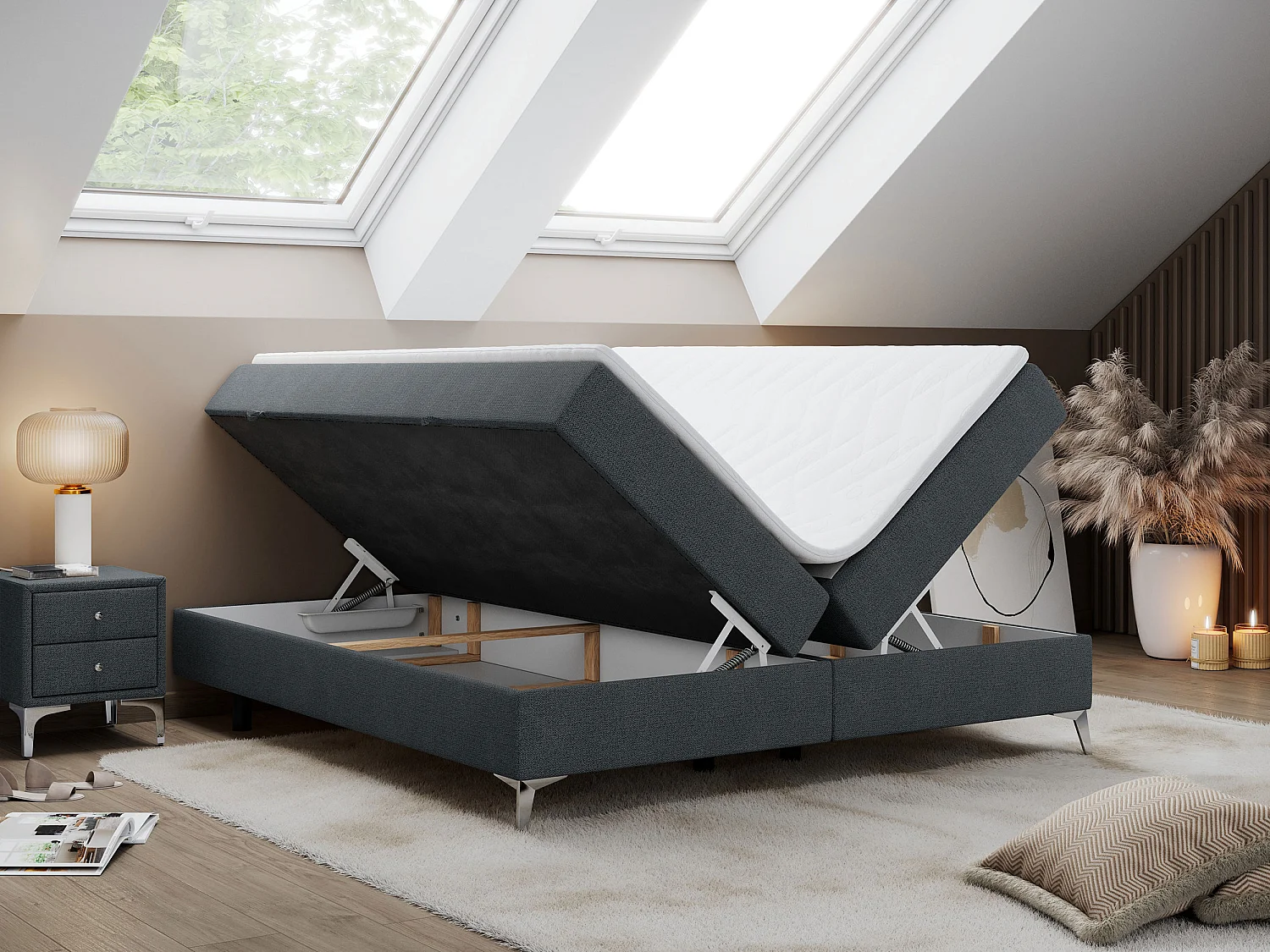 Boxspringbett LESS - Doppelbett mit zwei Bettkästen, 7 Härtezonen Multipocket-Matratzen, hohe Metallbeine - 180x200 cm - H3 - Dunkelgrau Strukture