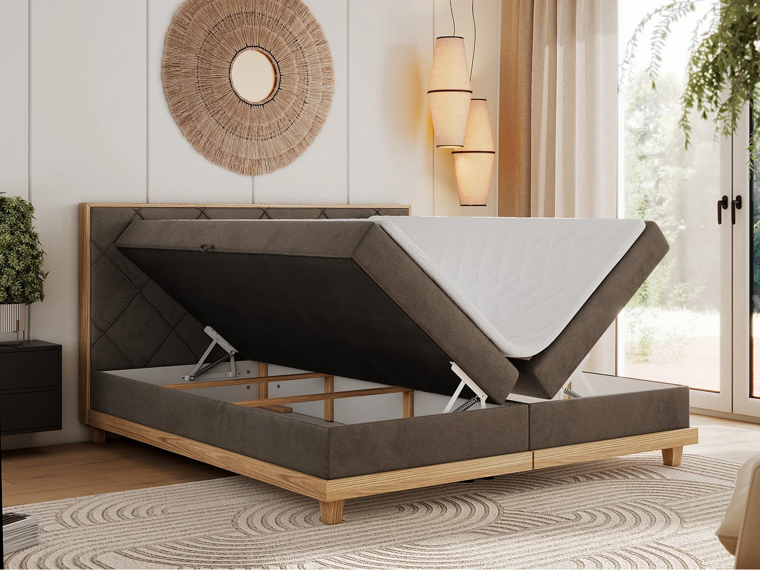 Boxspringbett CAICOS - mit gestepptem Kopfteil, Multipocket-Matratze und Topper, Holzelementen - 140x200 cm - H3 - Braun Velvet