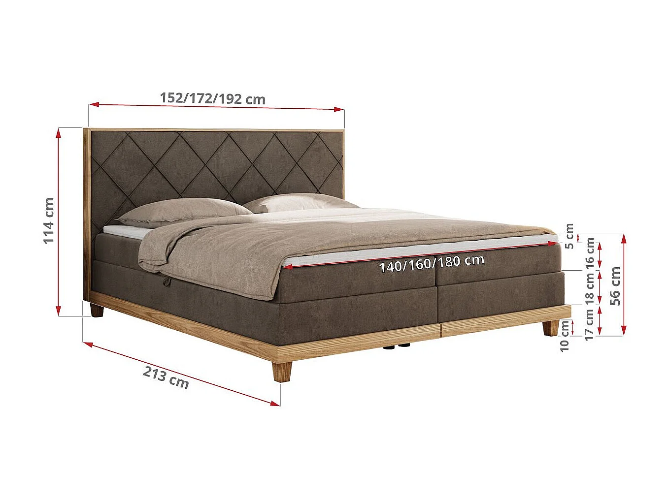 Boxspringbett CAICOS - mit gestepptem Kopfteil, Multipocket-Matratze und Topper, Holzelementen - 140x200 cm - H3 - Braun Velvet