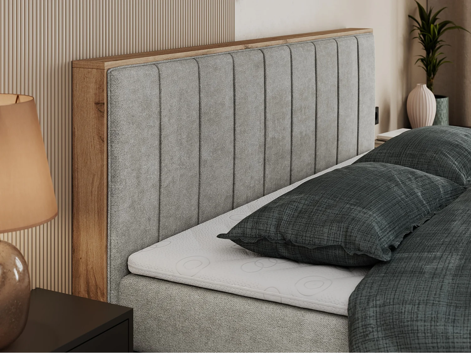 Boxspringbett BELLISSIMO KING - für Schlafzimmer, zwei Multipocket-Matratzen, Set mit Kopfteil und Topper, Holzrahmen - 160x200 cm - H4 - Hellgrau Strukture