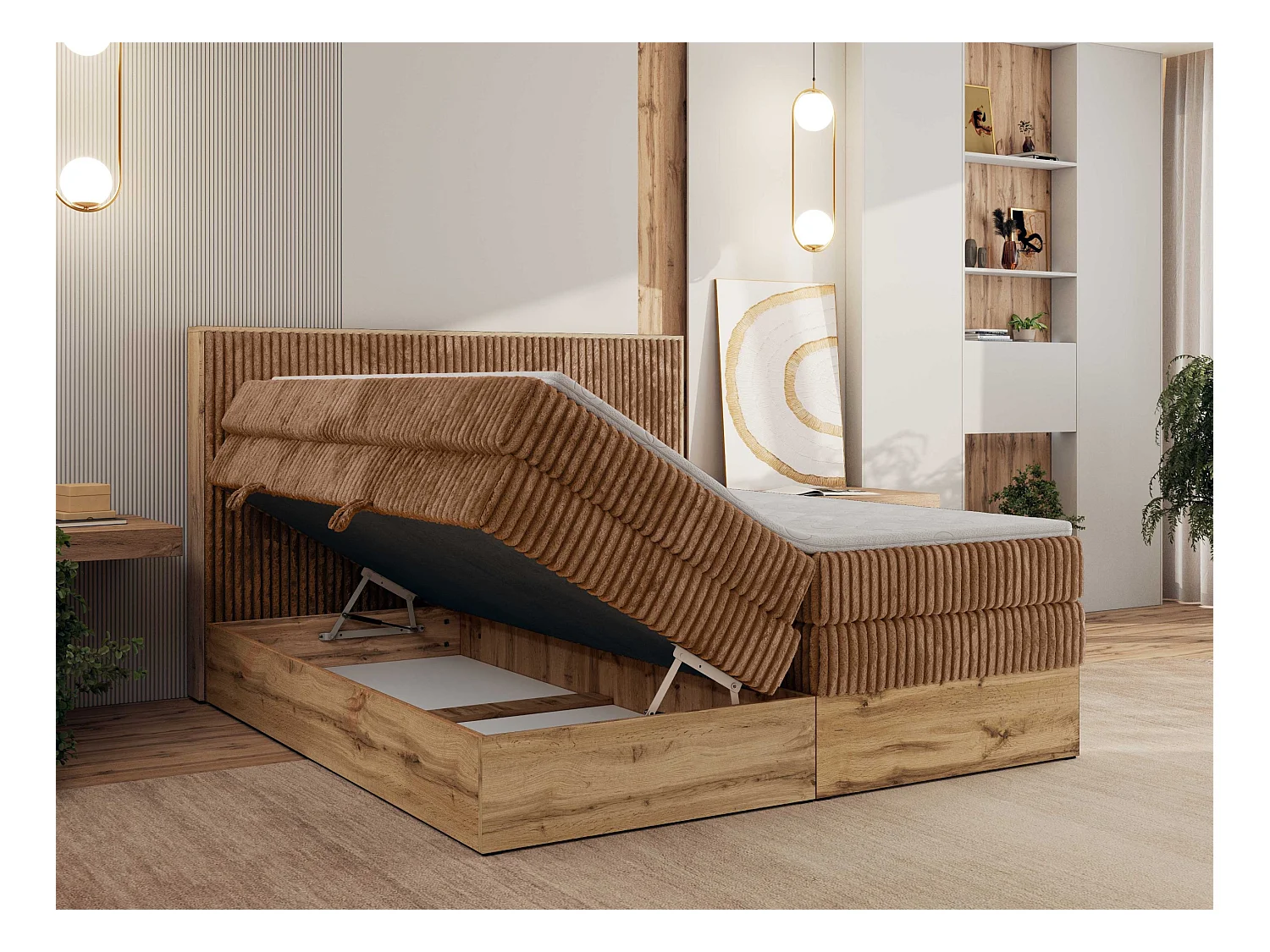 Boxspringbett WOOD CLASSIC KING - Polsterbett mit hohe Kopfteil, zwei Multipocket-Matratze, Bettkästen - 140x200 cm - H3 - Orange Cord