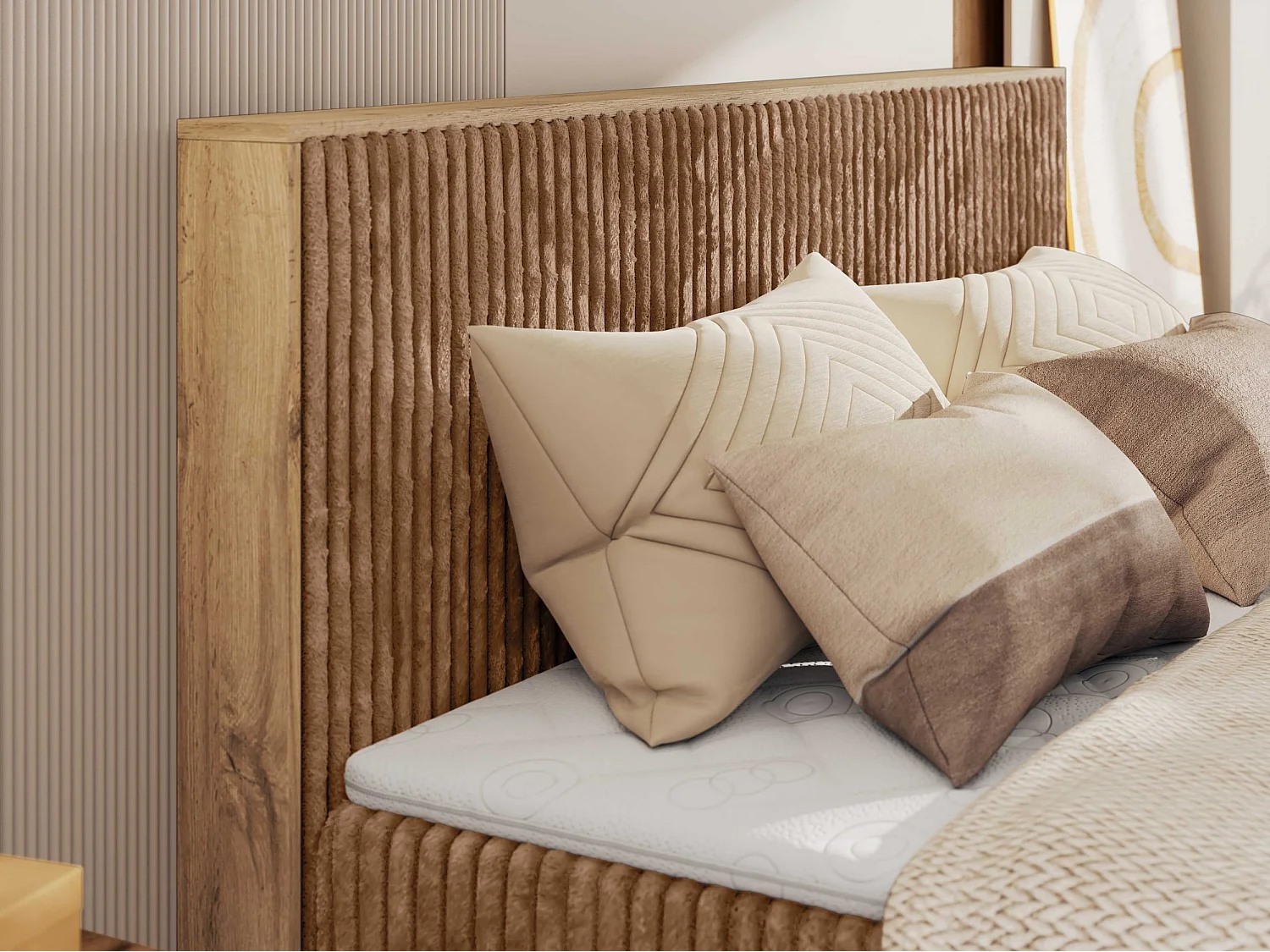 Boxspringbett WOOD CLASSIC KING - Polsterbett mit hohe Kopfteil, zwei Multipocket-Matratze, Bettkästen - 140x200 cm - H3 - Orange Cord