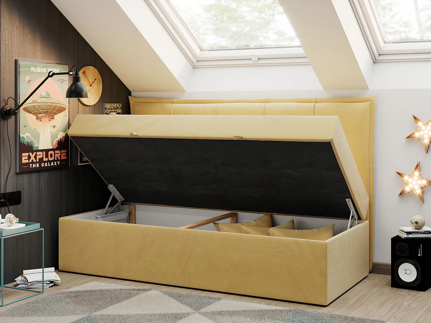 Kinderbett BANCO - Einzelbett für Jugendliche, Set mit Kopfteil und Matratze, Boxspringbett, Bettkasten - 90x200 cm - Gelb Velvet