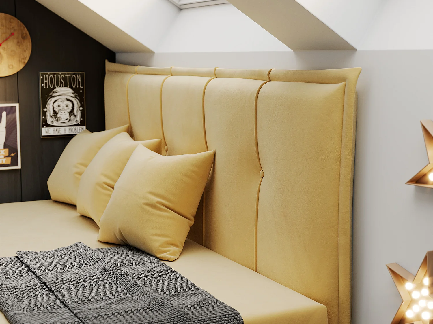 Kinderbett BANCO - Einzelbett für Jugendliche, Set mit Kopfteil und Matratze, Boxspringbett, Bettkasten - 90x200 cm - Gelb Velvet