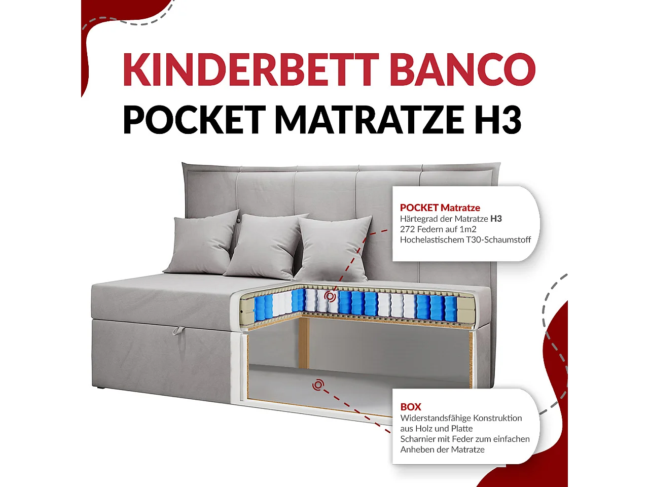 Kinderbett BANCO - Einzelbett für Jugendliche, Set mit Kopfteil und Matratze, Boxspringbett, Bettkasten - 90x200 cm - Gelb Velvet