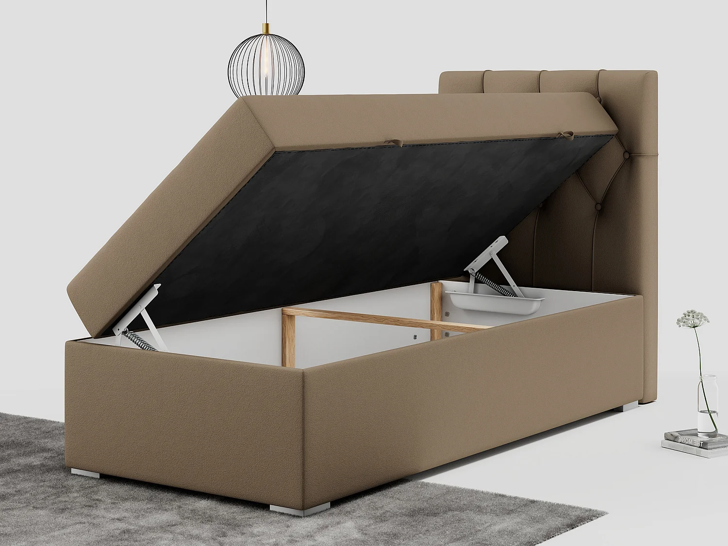 Boxspringbett ALDA - Einzelbett mit gestepptem Kopfteil, Multipocket-Matratze und Topper, Bettkasten - 90x200 cm - H3 - Braun Kunstleder - Rechts Seite