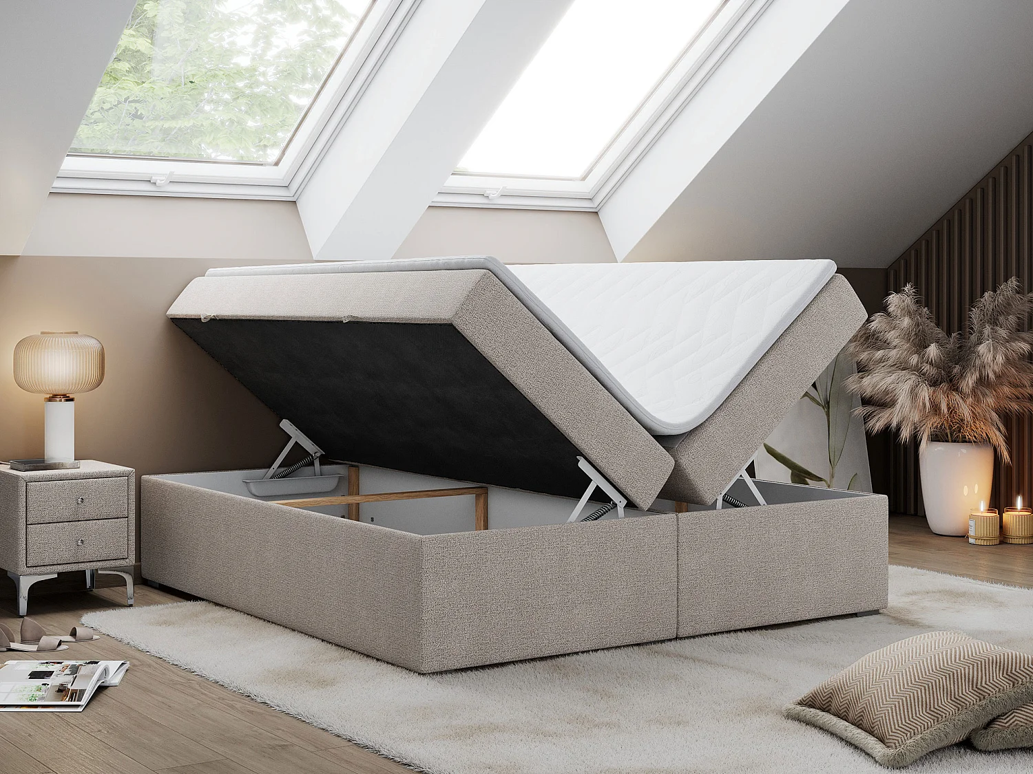 Boxspringbett BESS - Doppelbett mit Stauraum, Polsterbett, Multipocket-Matratzen und Topper - 120x200 cm - H4 - Beige Strukture