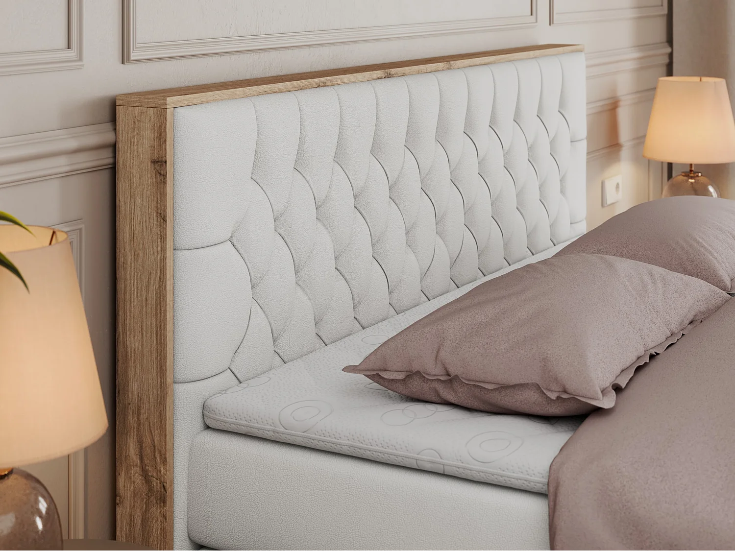 Boxspringbett AMORE KING - gesteppte Kopfstütze, Polsterbett mit zwei Multipocket-Matratzen, Holzrahmen - 140x200 cm - H3 - Weiß Kunstleder