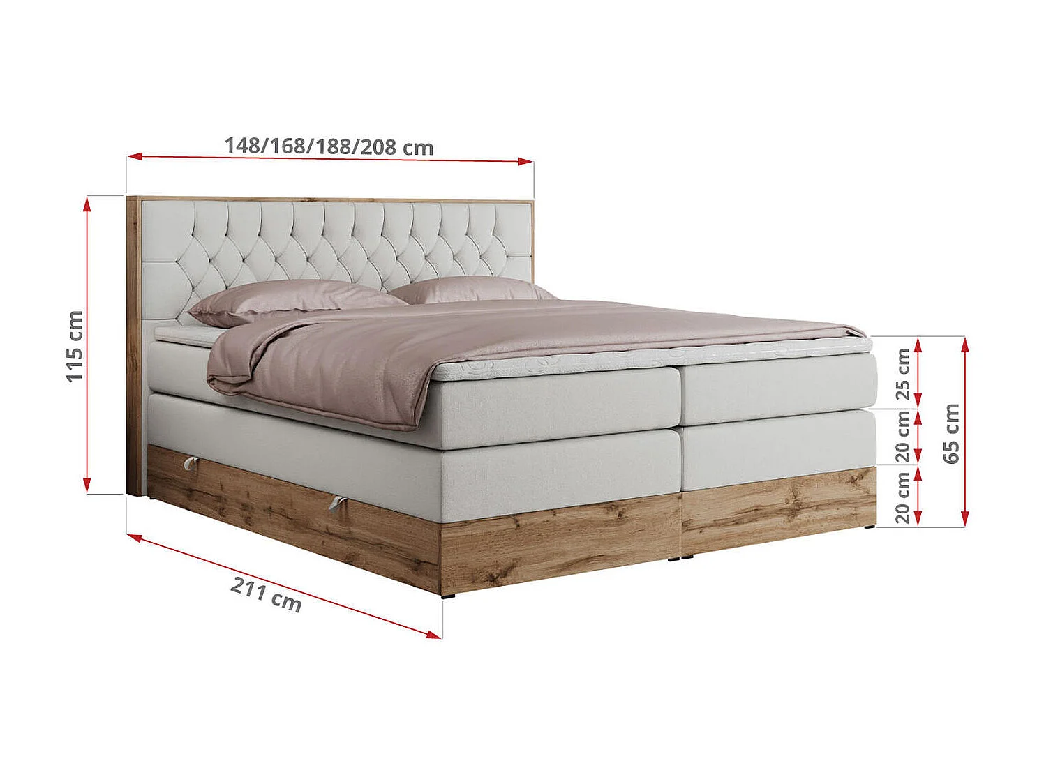 Boxspringbett AMORE KING - gesteppte Kopfstütze, Polsterbett mit zwei Multipocket-Matratzen, Holzrahmen - 140x200 cm - H3 - Weiß Kunstleder