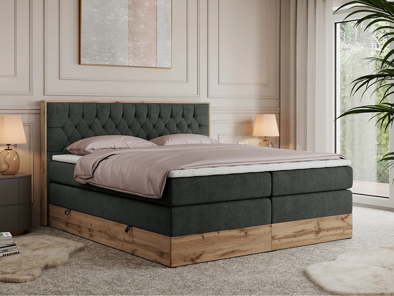 Boxspringbett AMORE KING - gesteppte Kopfstütze, Polsterbett mit zwei Multipocket-Matratzen, Holzrahmen - 140x200 cm - H3 - Dunkelgrau Strukture