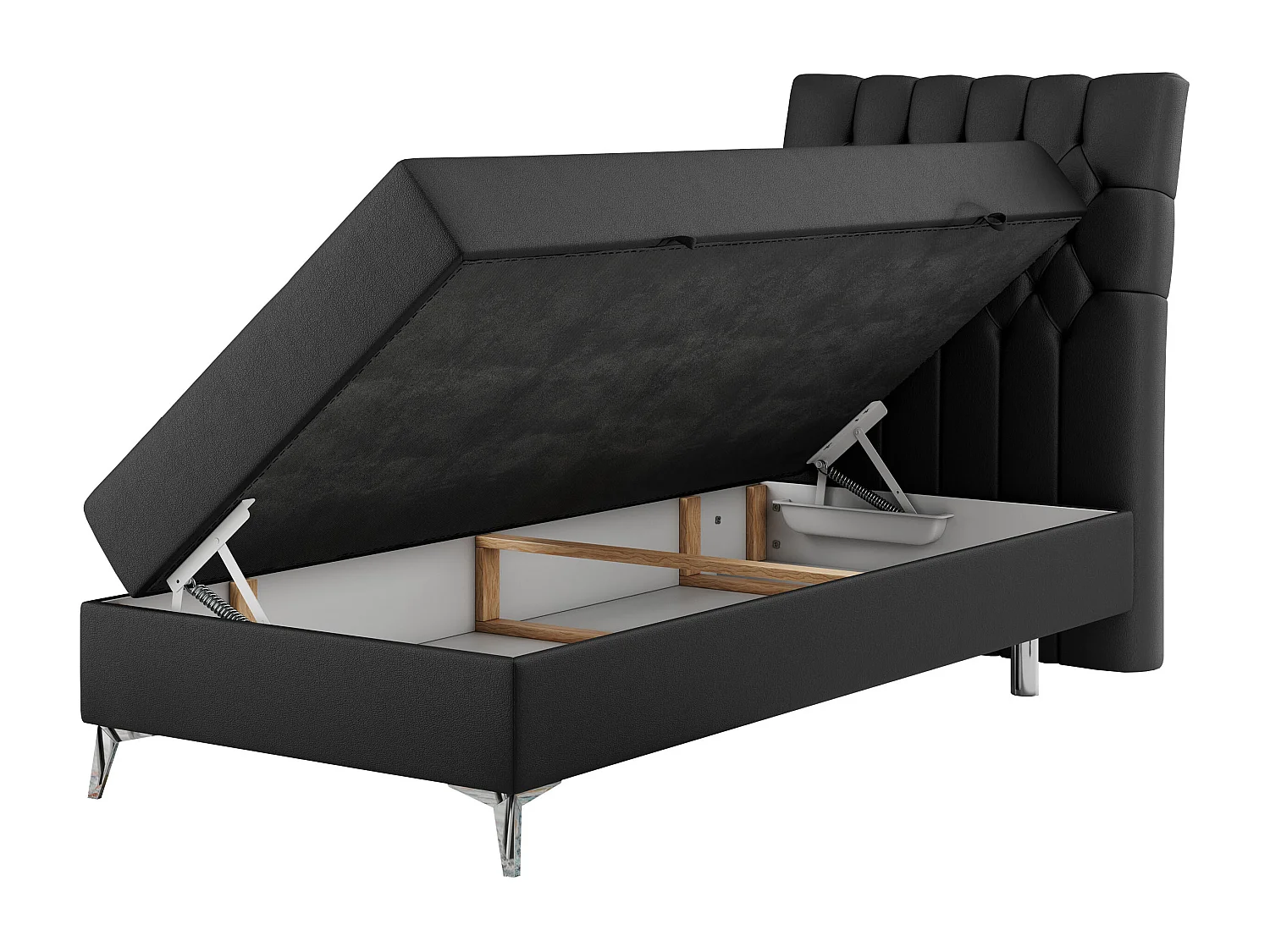 Boxspringbett MILEN - Polsterbett auf Metallbeine, Set mit Multipocket-Matratze, Gesteppte Kopfstütze - 90x200 cm - H3 - Schwarz Kunstleder - Rechts Seite