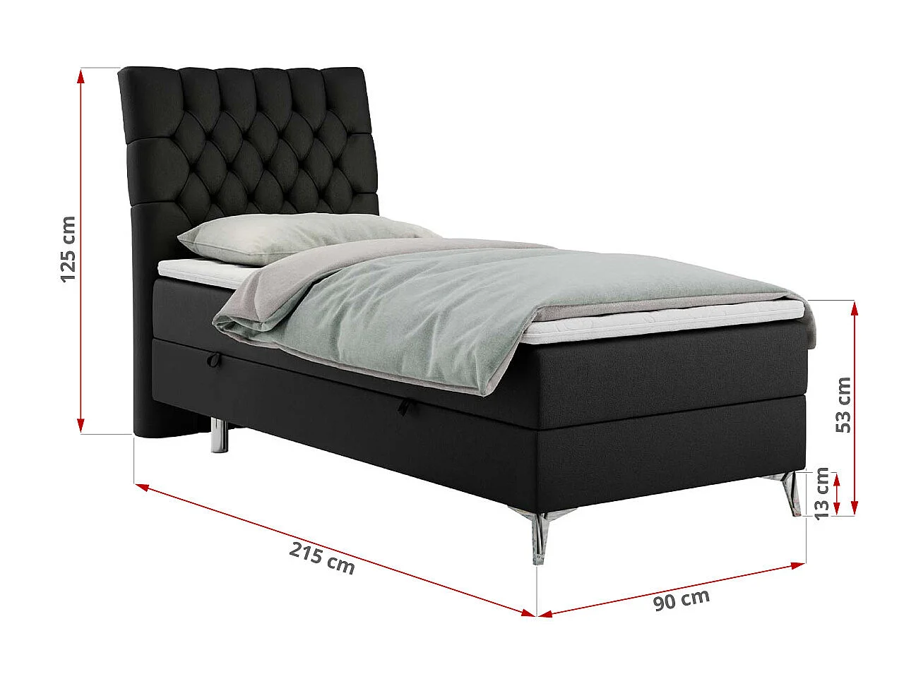 Boxspringbett MILEN - Polsterbett auf Metallbeine, Set mit Multipocket-Matratze, Gesteppte Kopfstütze - 90x200 cm - H3 - Schwarz Kunstleder - Rechts Seite