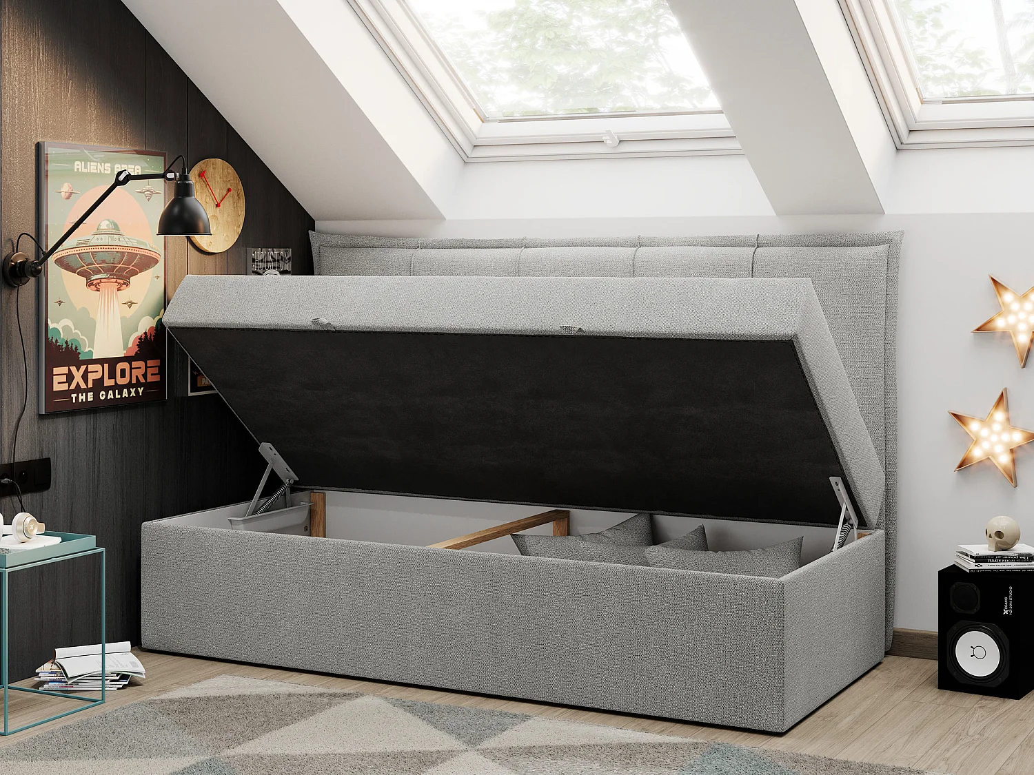 Kinderbett BANCO - Einzelbett für Jugendliche, Set mit Kopfteil und Matratze, Boxspringbett, Bettkasten - 90x200 cm - Hellgrau Strukture