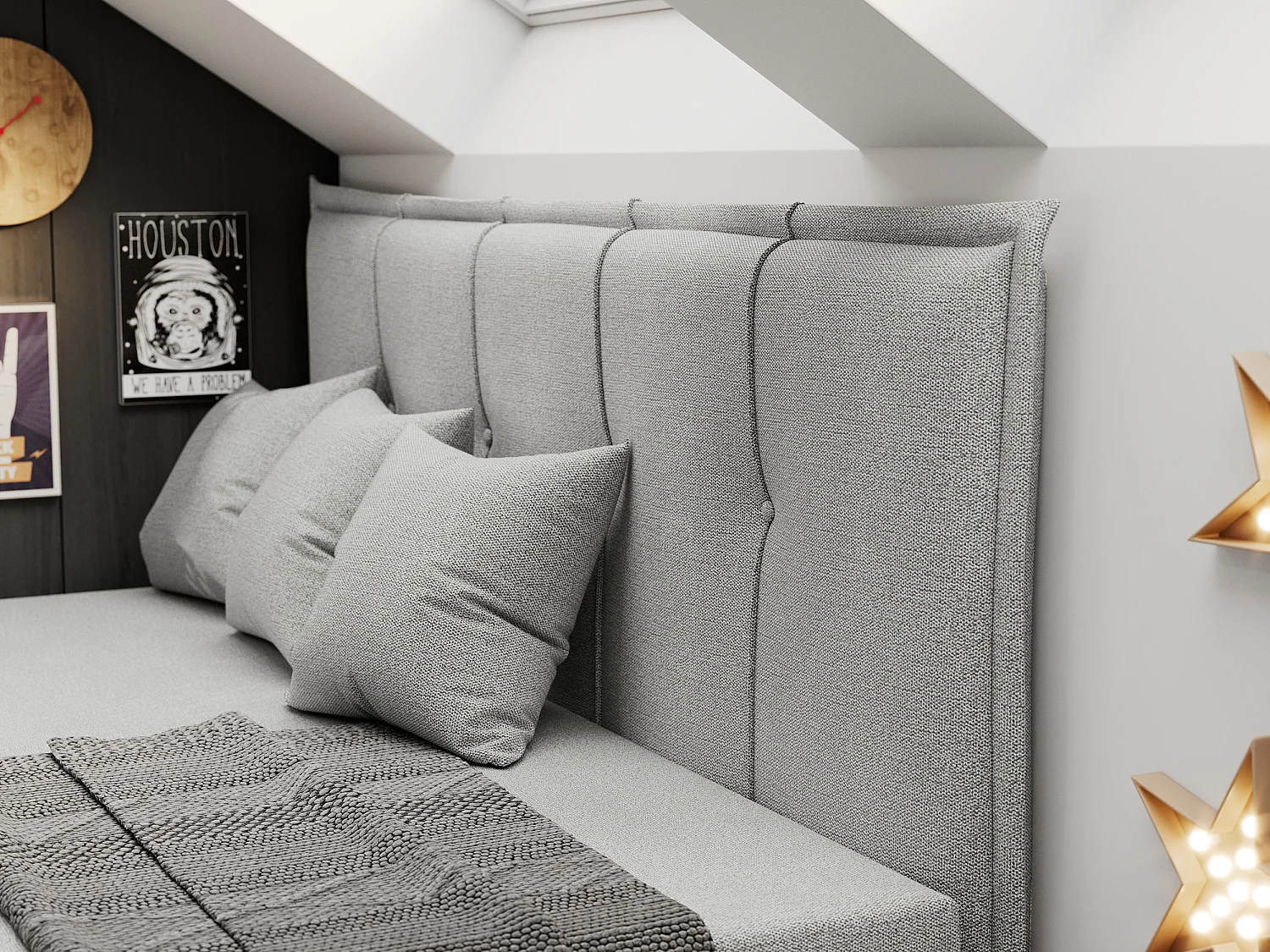 Kinderbett BANCO - Einzelbett für Jugendliche, Set mit Kopfteil und Matratze, Boxspringbett, Bettkasten - 90x200 cm - Hellgrau Strukture