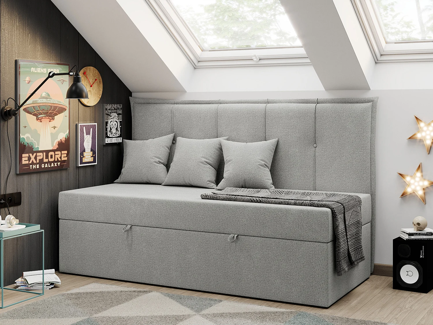 Kinderbett BANCO - Einzelbett für Jugendliche, Set mit Kopfteil und Matratze, Boxspringbett, Bettkasten - 90x200 cm - Hellgrau Strukture