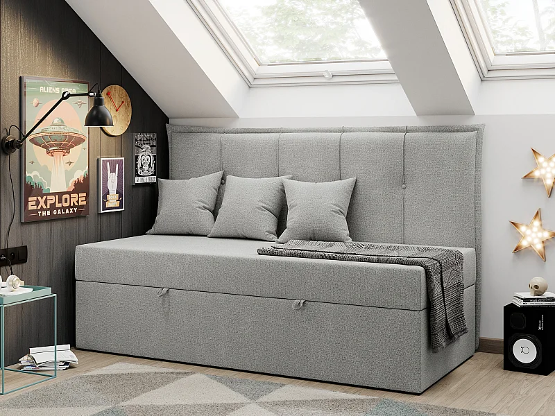 Kinderbett BANCO - Einzelbett für Jugendliche, Set mit Kopfteil und Matratze, Boxspringbett, Bettkasten - 90x200 cm - Hellgrau Strukture