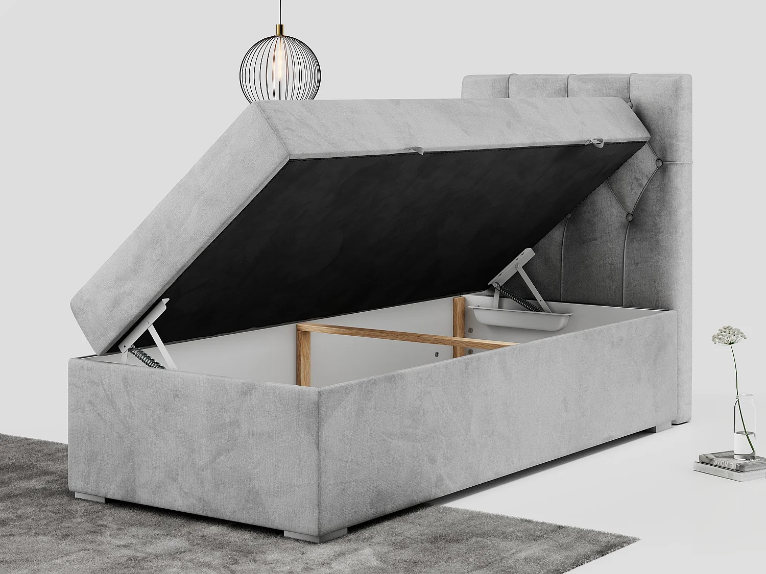 Boxspringbett ALDA - Einzelbett mit gestepptem Kopfteil, Multipocket-Matratze und Topper, Bettkasten - 90x200 cm - H3 - Hellgrau Velvet - Rechts Seite