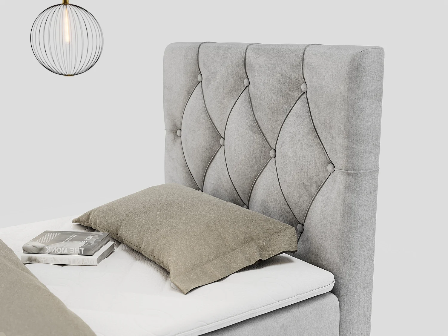 Boxspringbett ALDA - Einzelbett mit gestepptem Kopfteil, Multipocket-Matratze und Topper, Bettkasten - 90x200 cm - H3 - Hellgrau Velvet - Rechts Seite