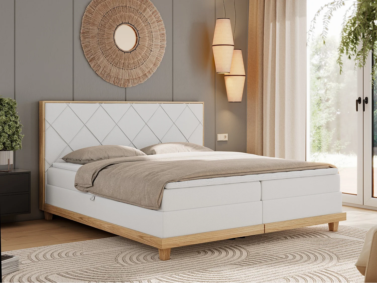 Boxspringbett CAICOS - mit gestepptem Kopfteil, Multipocket-Matratze und Topper, Holzelementen - 180x200 cm - H3 - Weiß Kunstleder