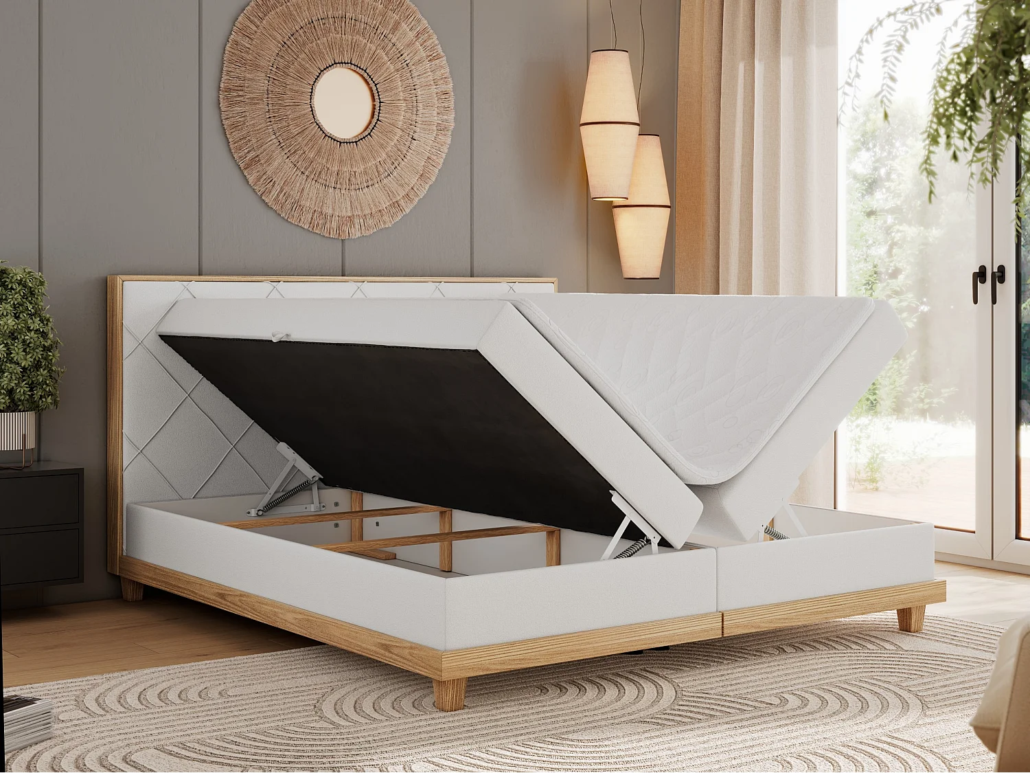 Boxspringbett CAICOS - mit gestepptem Kopfteil, Multipocket-Matratze und Topper, Holzelementen - 180x200 cm - H3 - Weiß Kunstleder