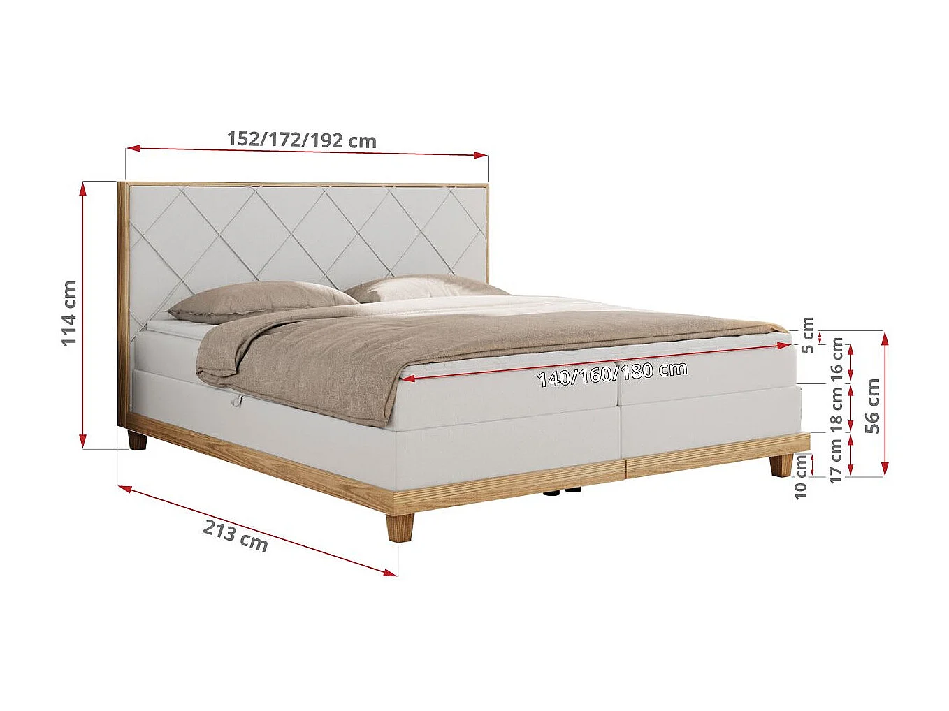 Boxspringbett CAICOS - mit gestepptem Kopfteil, Multipocket-Matratze und Topper, Holzelementen - 180x200 cm - H3 - Weiß Kunstleder