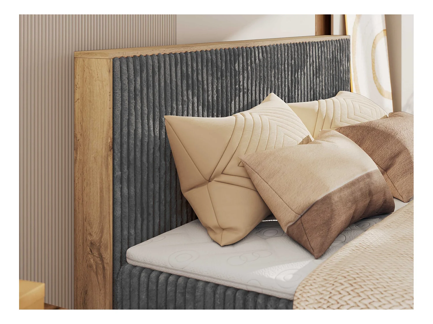 Boxspringbett WOOD CLASSIC KING - Polsterbett mit hohe Kopfteil, zwei Multipocket-Matratze, Bettkästen - 200x200 cm - H4 - Grau Cord