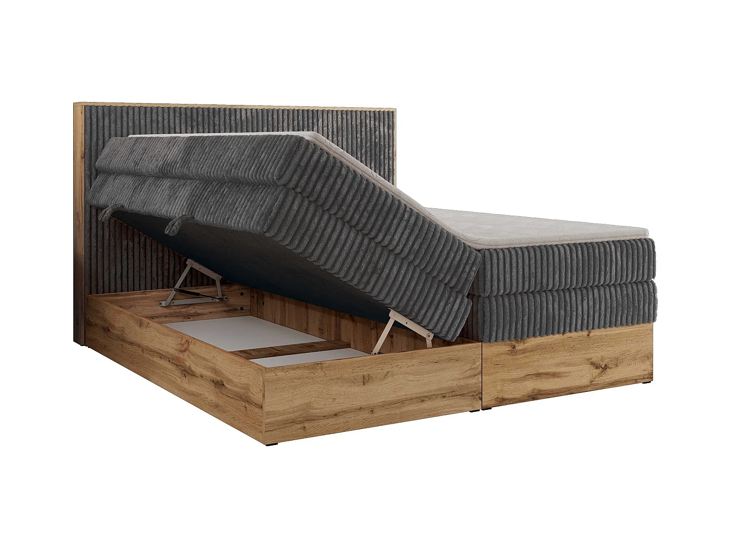 Boxspringbett WOOD CLASSIC KING - Polsterbett mit hohe Kopfteil, zwei Multipocket-Matratze, Bettkästen - 200x200 cm - H4 - Grau Cord