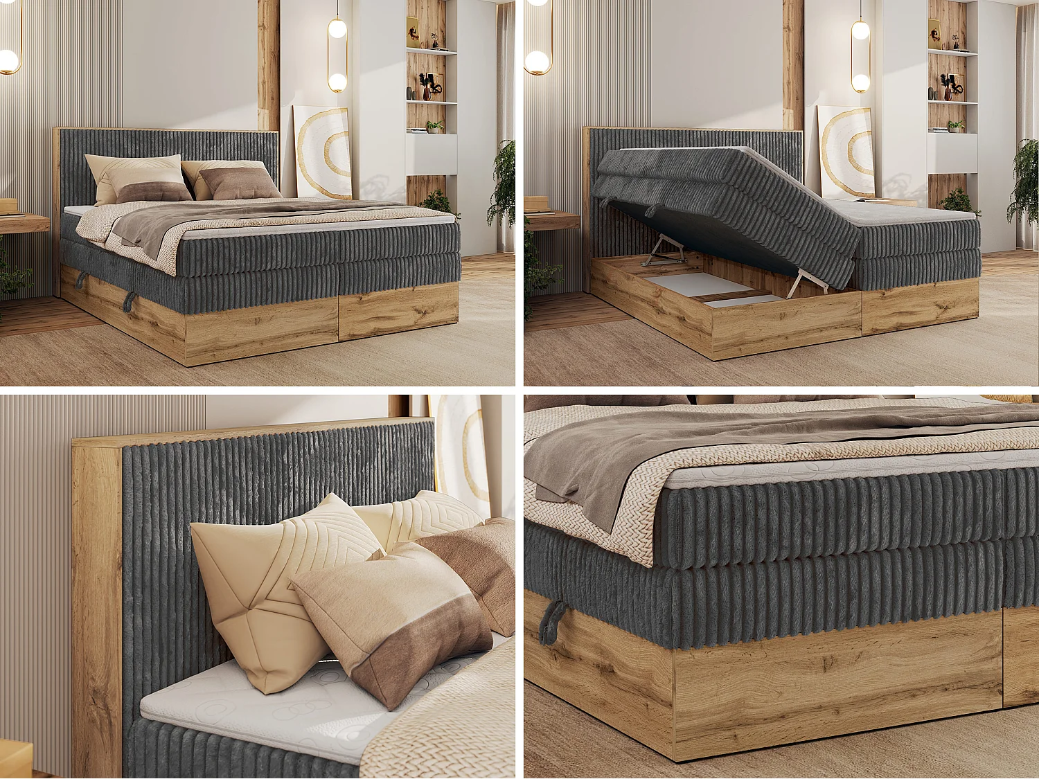 Boxspringbett WOOD CLASSIC KING - Polsterbett mit hohe Kopfteil, zwei Multipocket-Matratze, Bettkästen - 200x200 cm - H4 - Grau Cord