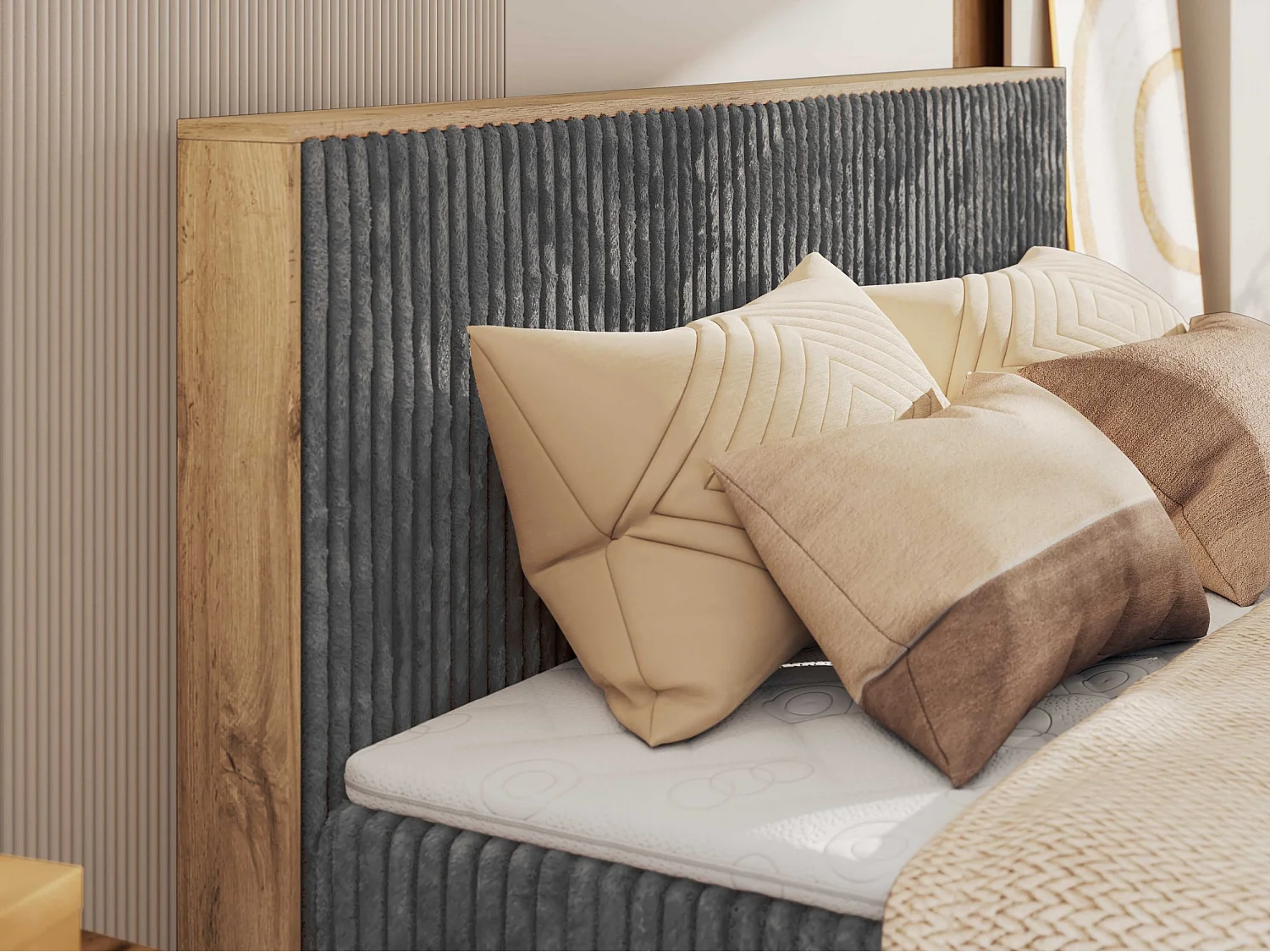 Boxspringbett WOOD CLASSIC KING - Polsterbett mit hohe Kopfteil, zwei Multipocket-Matratze, Bettkästen - 200x200 cm - H4 - Grau Cord