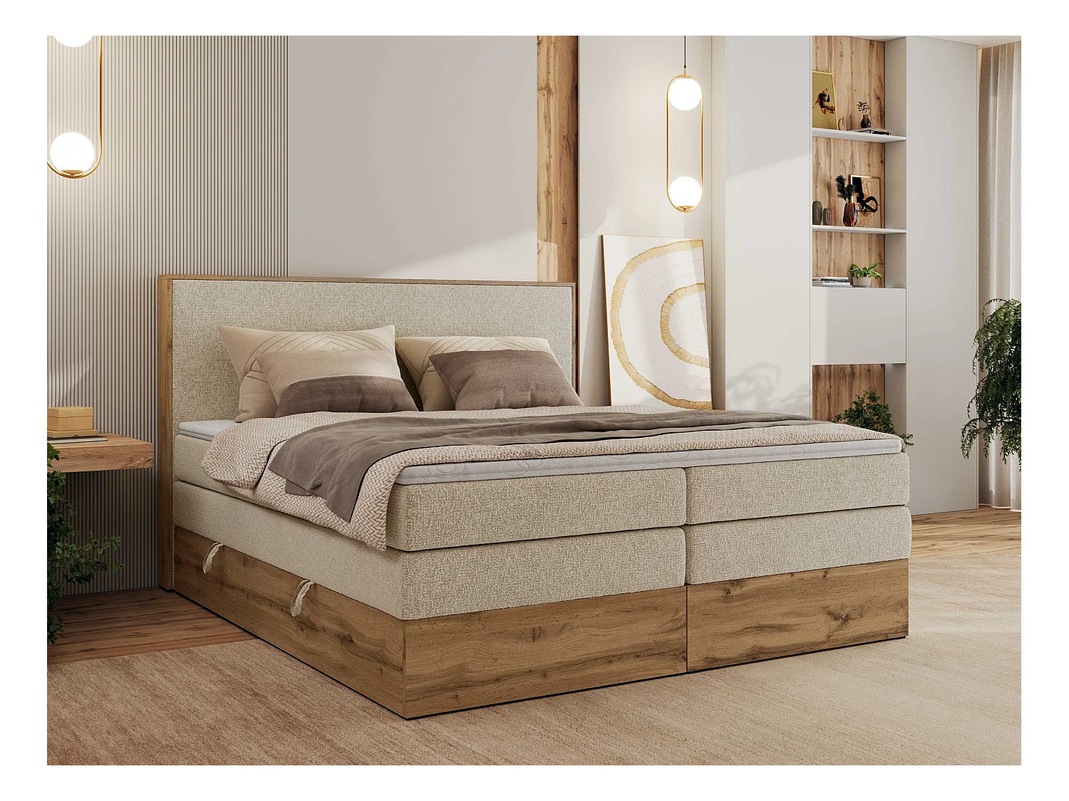 Boxspringbett WOOD CLASSIC KING - Polsterbett mit hohe Kopfteil, zwei Multipocket-Matratze, Bettkästen - 200x200 cm - H3 - Creme Strukture