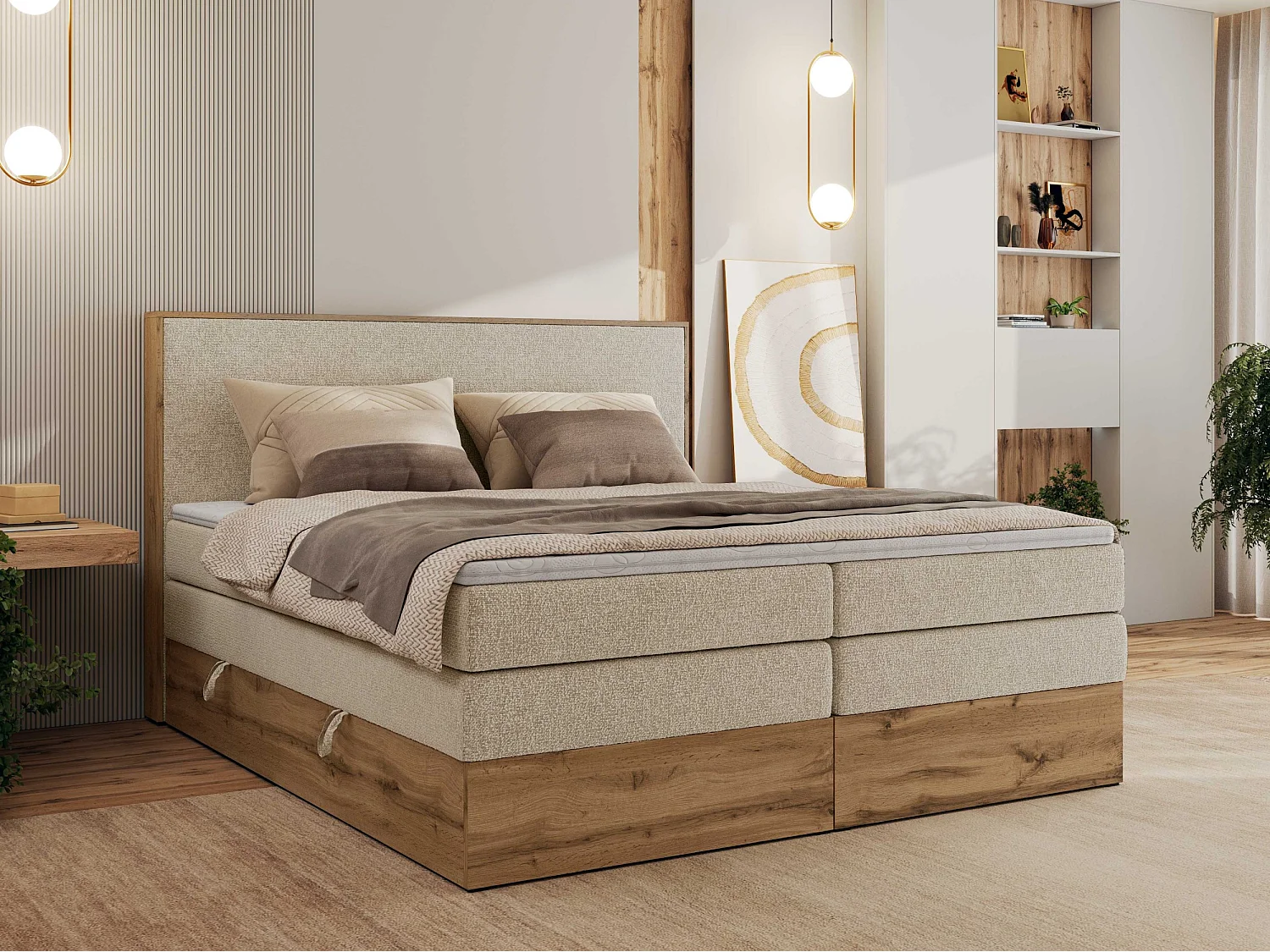 Boxspringbett WOOD CLASSIC KING - Polsterbett mit hohe Kopfteil, zwei Multipocket-Matratze, Bettkästen - 200x200 cm - H3 - Creme Strukture