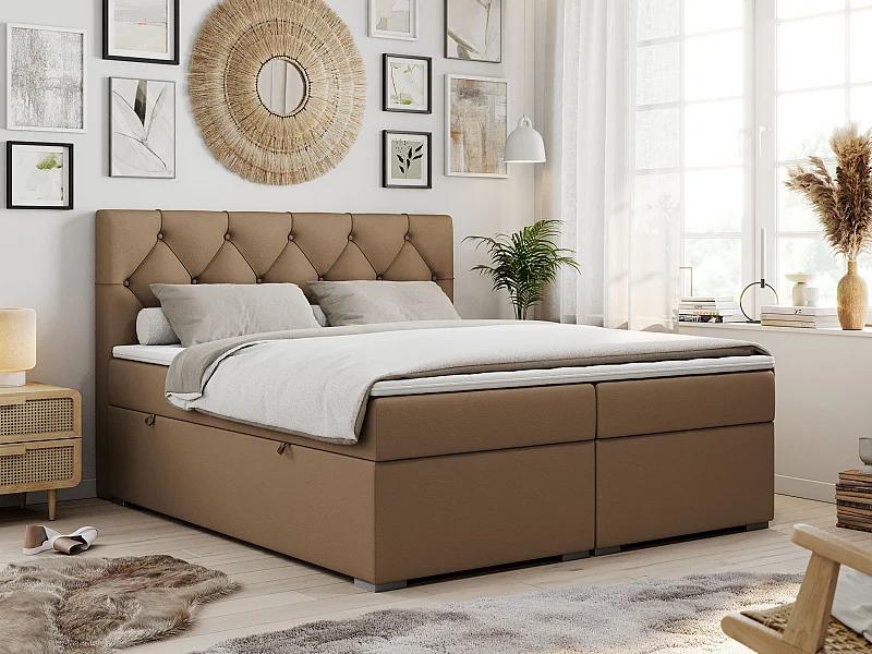 Boxspringbett ALDA - Doppelbett mit gestepptem Kopfteil, Multipocket-Matratze und Topper, zwei Bettkästen - 160x200 cm - H3 - Braun Kunstleder
