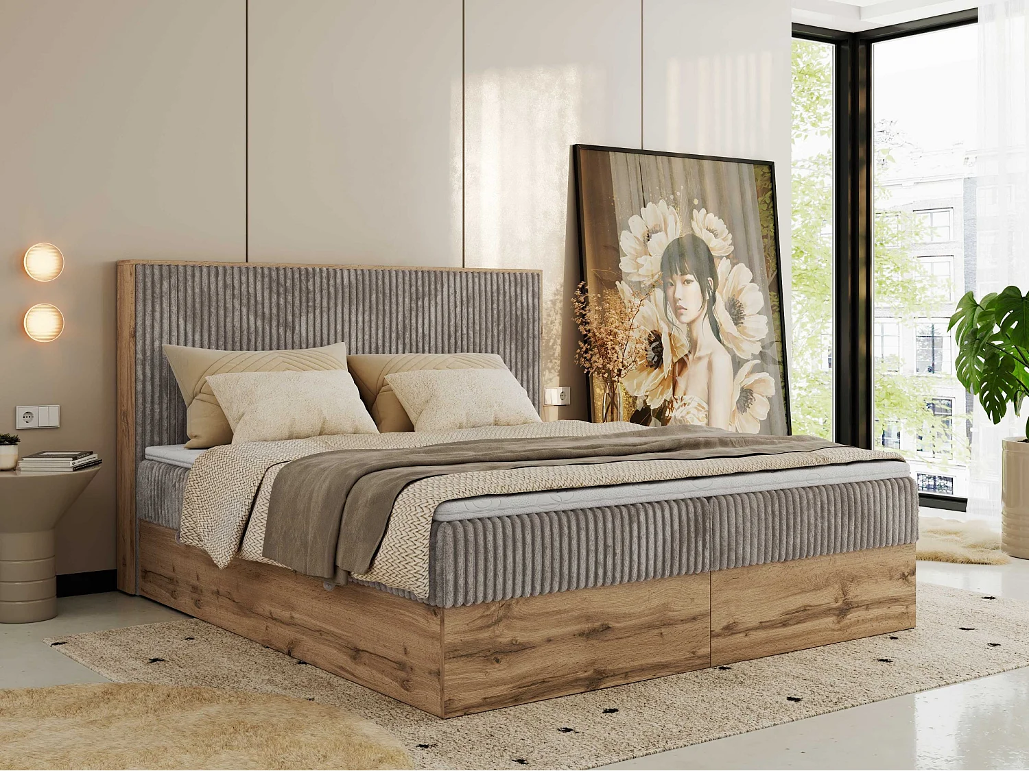 Boxspringbett WOOD CLASSIC - Doppelbett für Schlafzimmer, Set mit Multipocket-Matratze, Holzrahmen - 200x200 cm - H4 - Hellbraun Cord