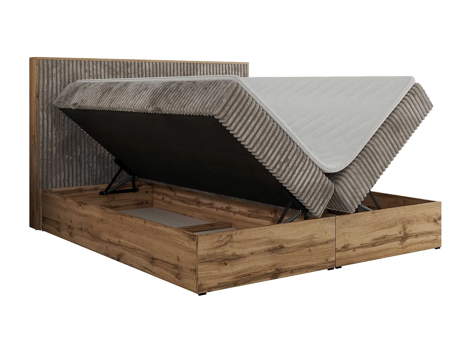 Boxspringbett WOOD CLASSIC - Doppelbett für Schlafzimmer, Set mit Multipocket-Matratze, Holzrahmen - 200x200 cm - H4 - Hellbraun Cord