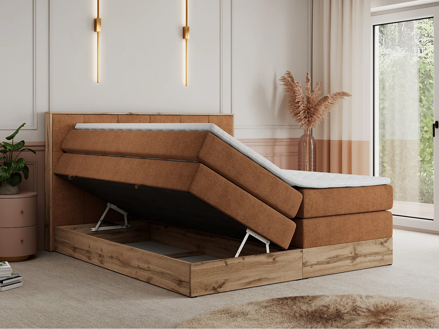 Boxspringbett VENETO KING - Polsterbett mit Multipocket-Matratzen und Kopfteil, Holzrahmen, zwei Bettkästen - 200x200 cm - H3 - Orange Strukture