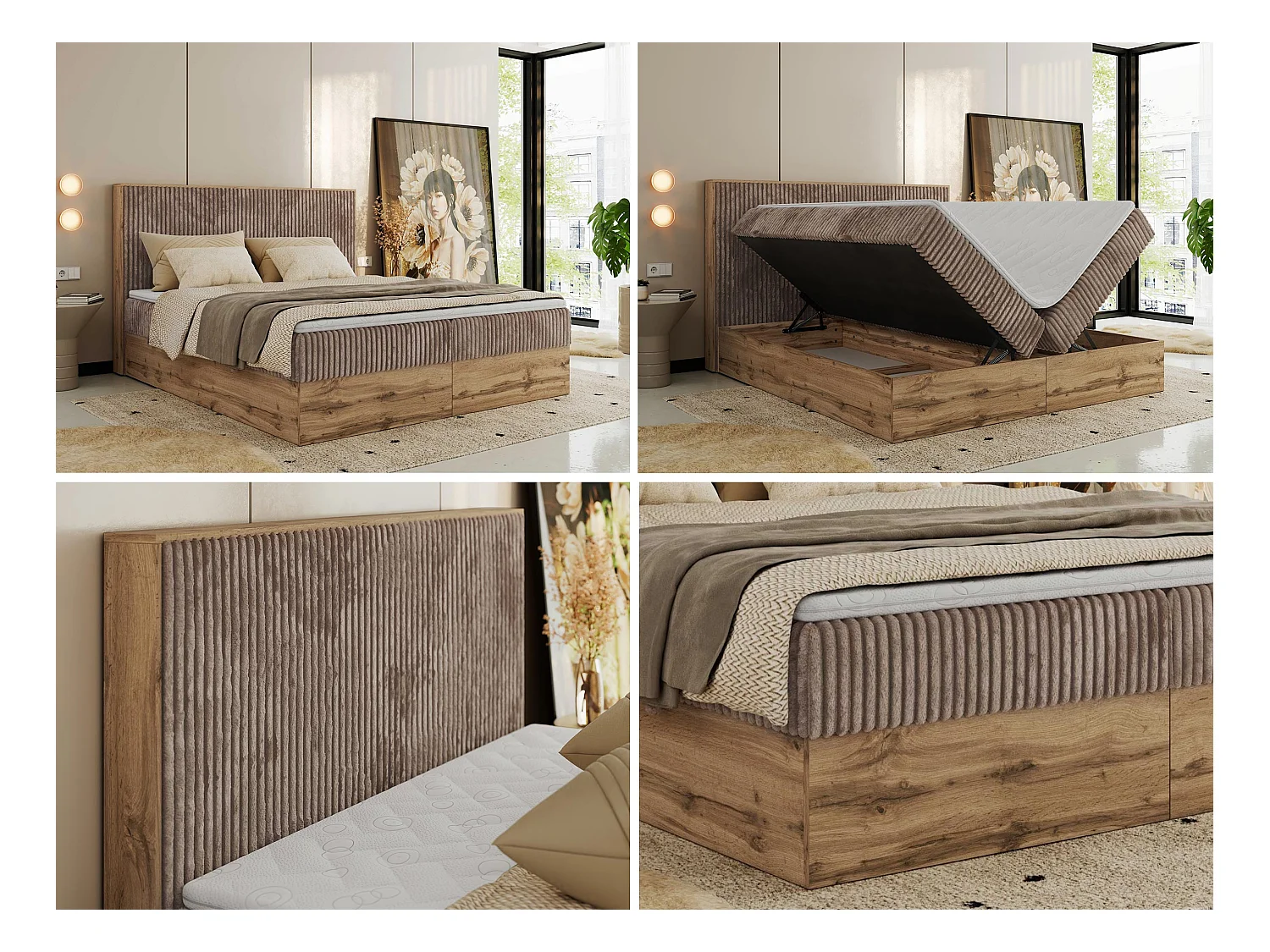 Boxspringbett WOOD CLASSIC - Doppelbett für Schlafzimmer, Set mit Multipocket-Matratze, Holzrahmen - 200x200 cm - H3 - Braun Cord