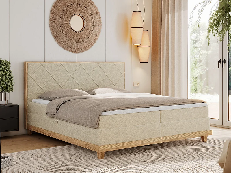 Boxspringbett CAICOS - mit gestepptem Kopfteil, Multipocket-Matratze und Topper, Holzelementen - 140x200 cm - H3 - Beige Boucle