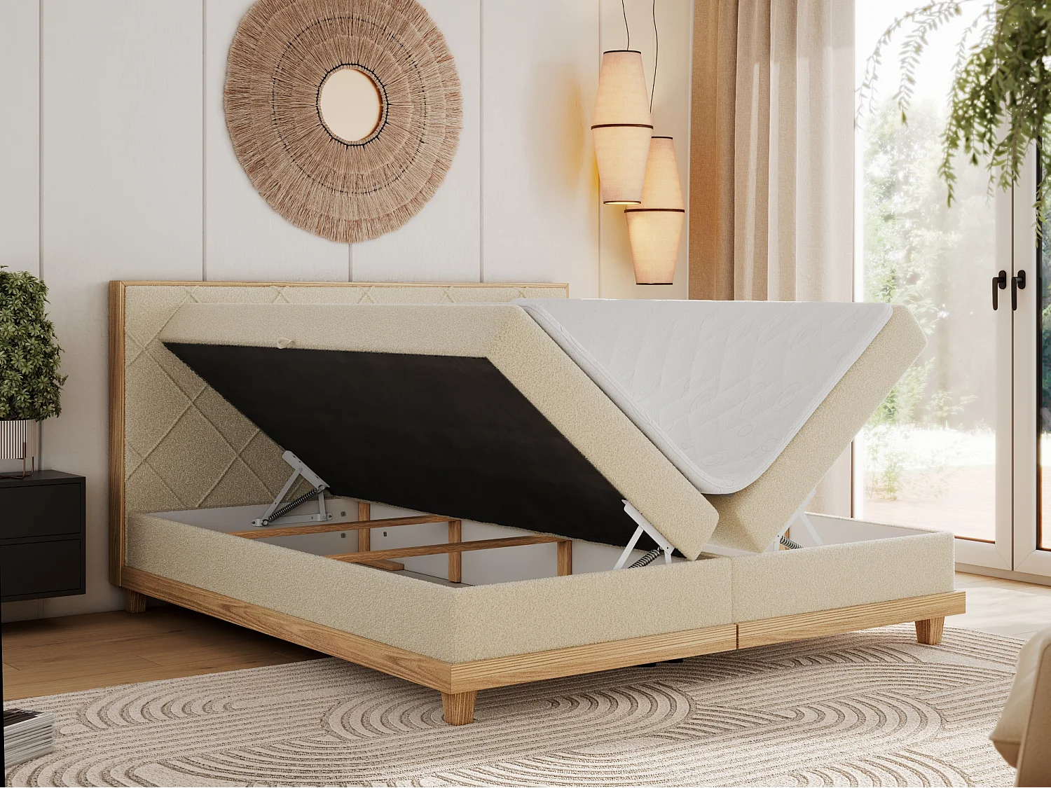 Boxspringbett CAICOS - mit gestepptem Kopfteil, Multipocket-Matratze und Topper, Holzelementen - 140x200 cm - H3 - Beige Boucle