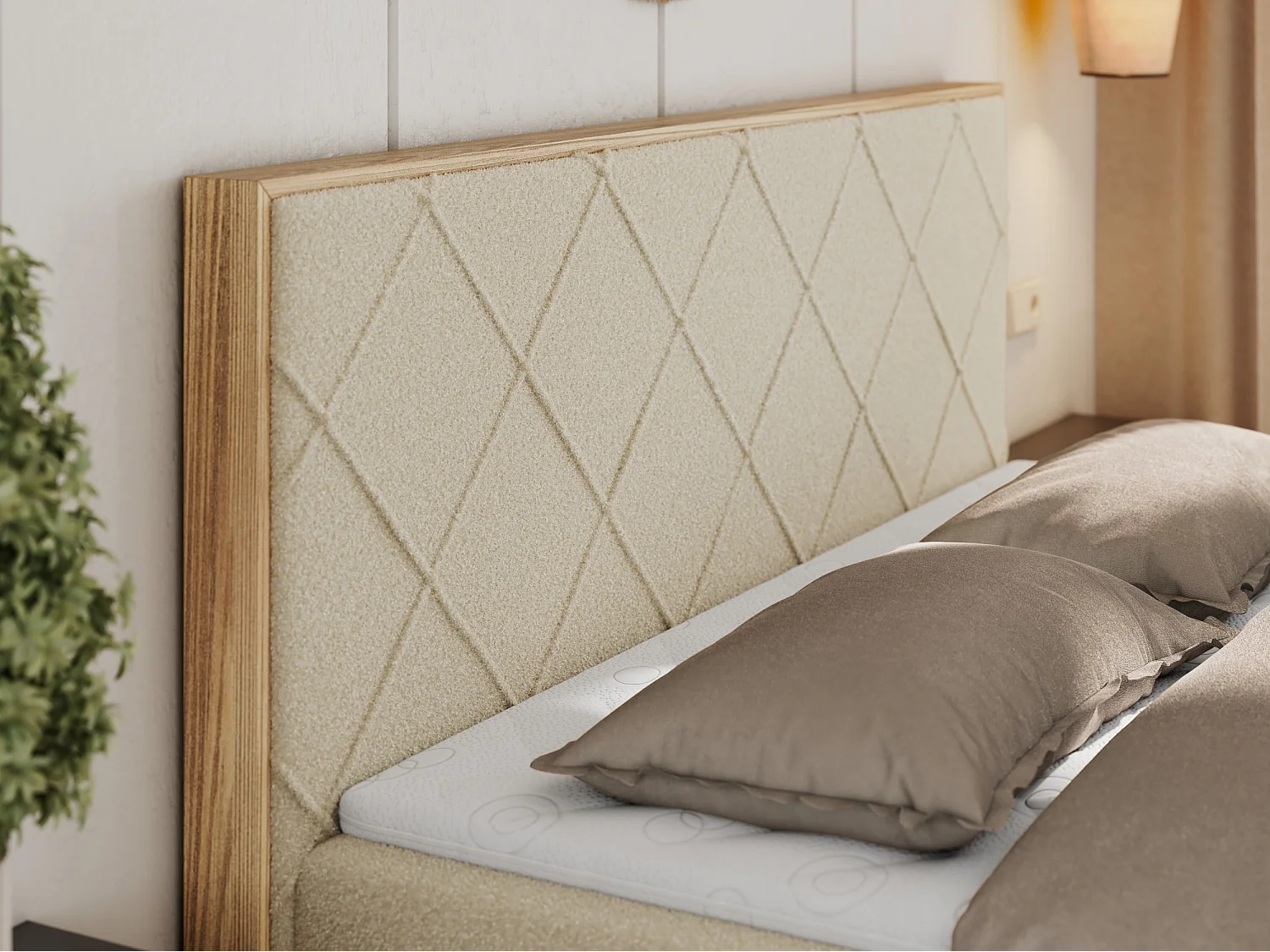 Boxspringbett CAICOS - mit gestepptem Kopfteil, Multipocket-Matratze und Topper, Holzelementen - 140x200 cm - H3 - Beige Boucle