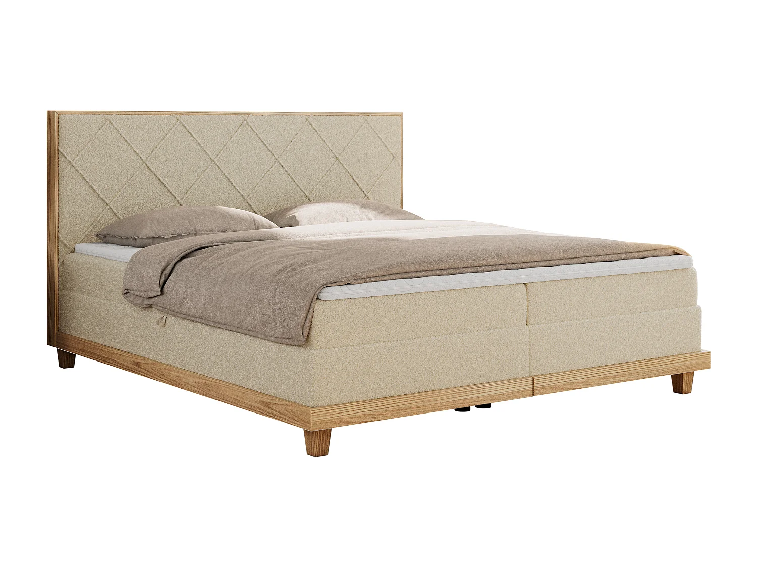 Boxspringbett CAICOS - mit gestepptem Kopfteil, Multipocket-Matratze und Topper, Holzelementen - 140x200 cm - H3 - Beige Boucle