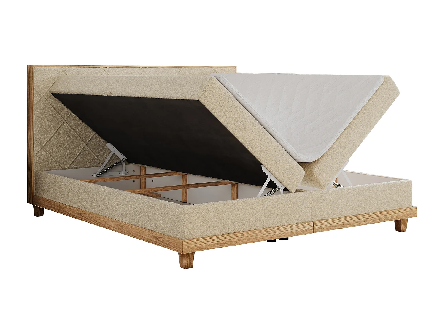 Boxspringbett CAICOS - mit gestepptem Kopfteil, Multipocket-Matratze und Topper, Holzelementen - 140x200 cm - H3 - Beige Boucle