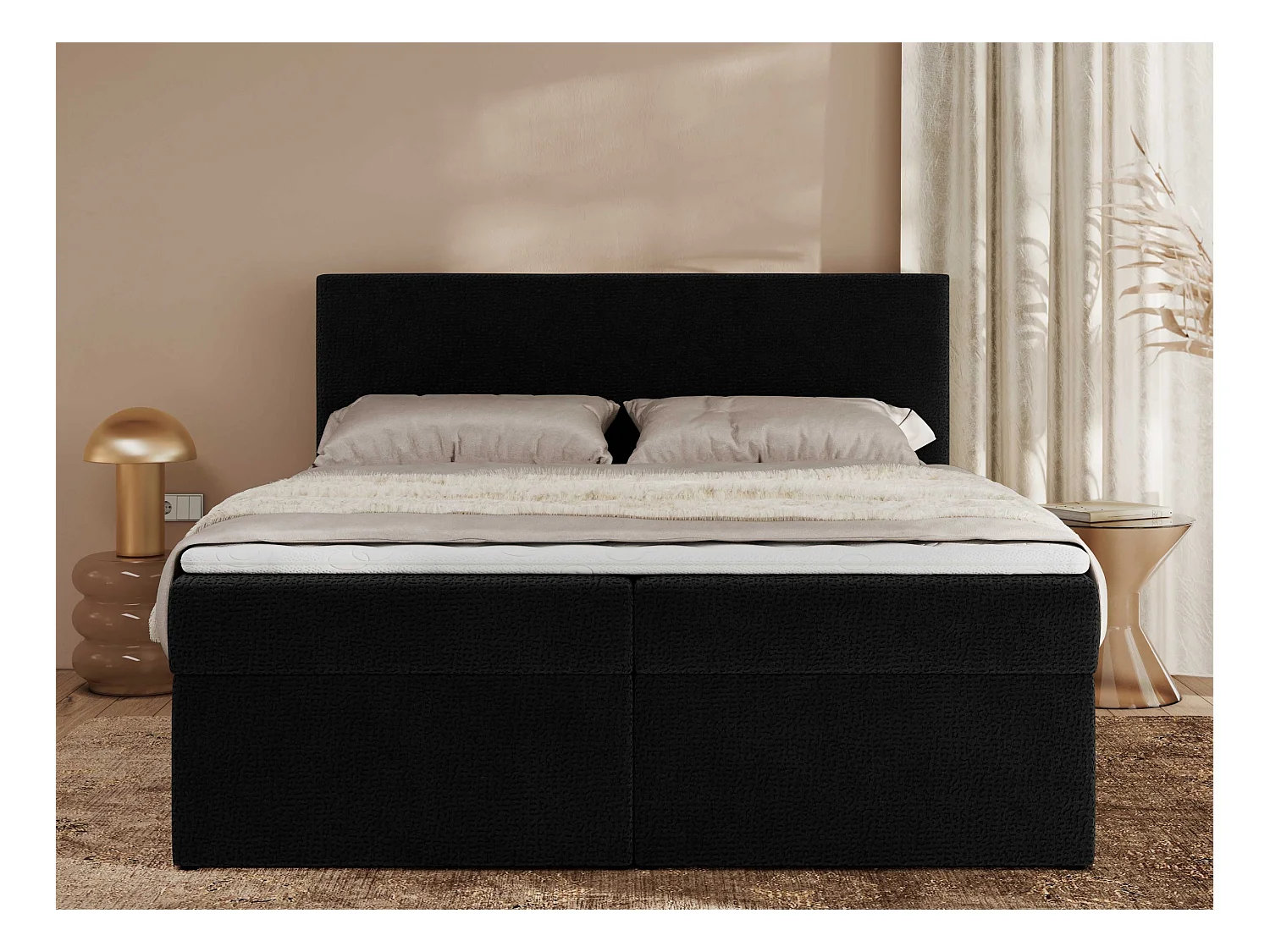 Boxspringbett JAGUAR - Doppelbett mit Multipocket-Matratze und Topper, Struktur dekostoff, zwei Bettkästen - 180x200 cm - H3 - Schwarz Struktur