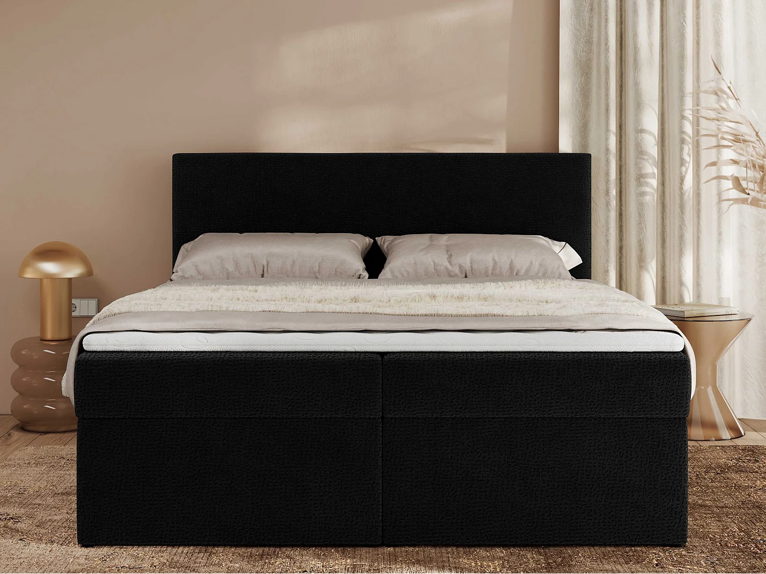 Boxspringbett JAGUAR - Doppelbett mit Multipocket-Matratze und Topper, Struktur dekostoff, zwei Bettkästen - 180x200 cm - H3 - Schwarz Struktur